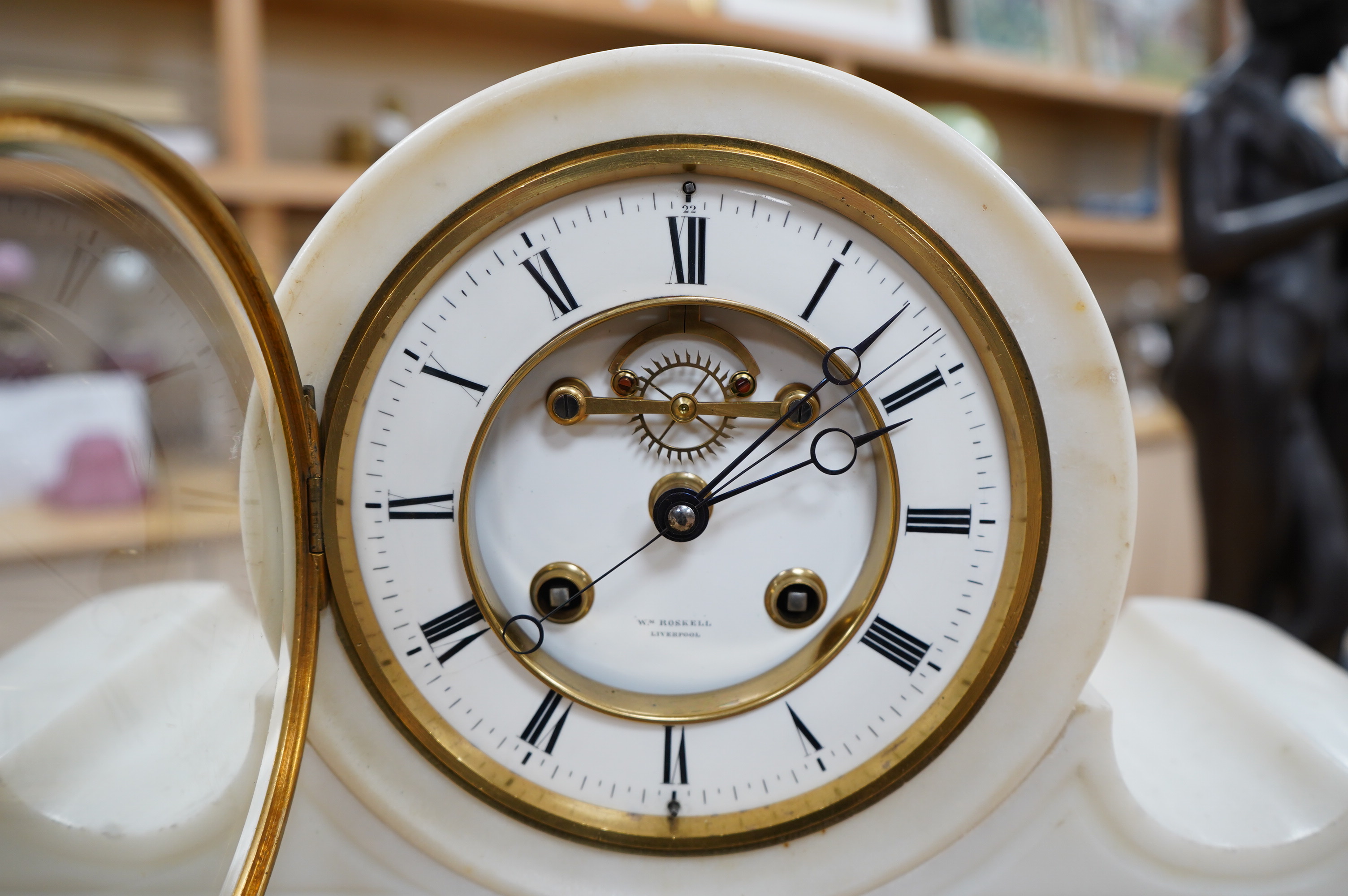 A good late 19th century white marble combination mantel clock, calendar and barometer, with sweep seconds hand, 52cm wide. Condition - fair to good